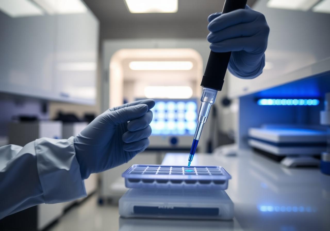 Scientist pipetting reagents into a 96-well plate inside a molecular laboratory