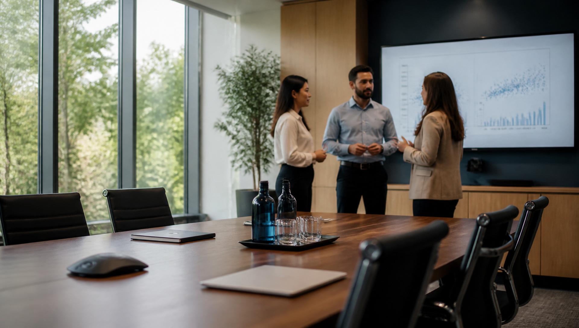 Professionals meeting in a bright modern biotechnology conference room with floor-to-ceiling windows