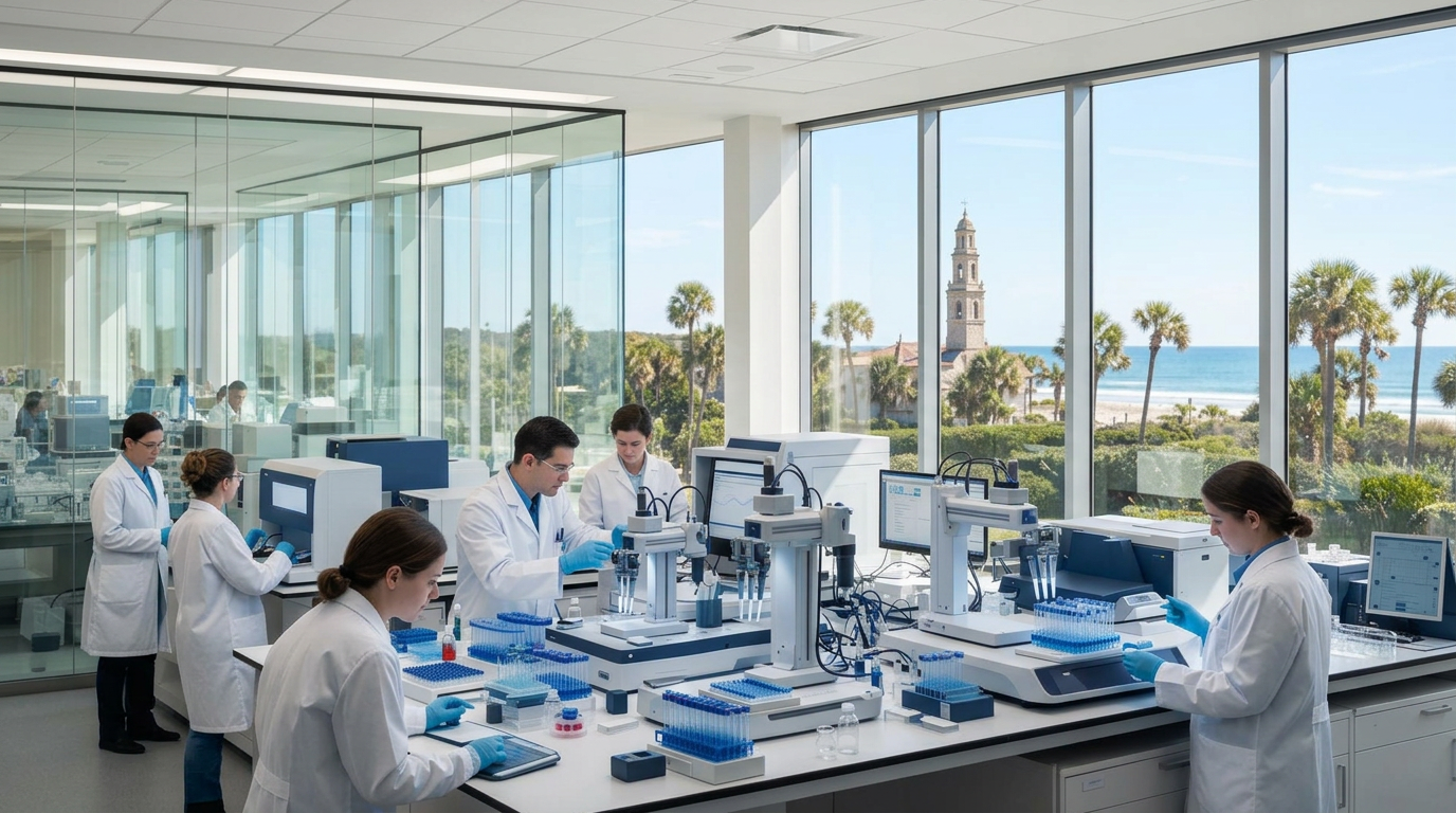 Islet Sciences scientists collaborating in a molecular diagnostics laboratory with a coastal St. Augustine, Florida backdrop