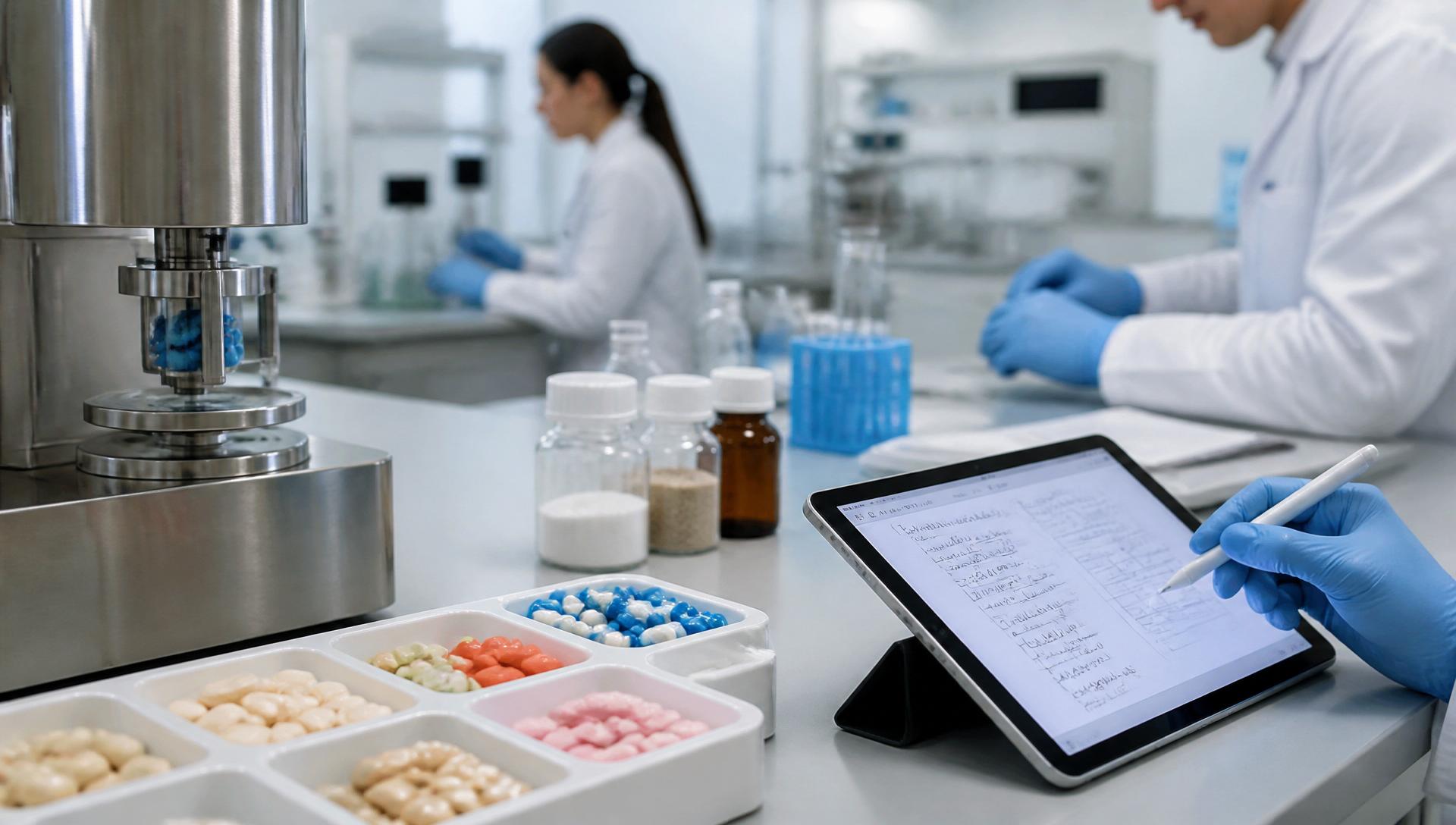 Pharmaceutical scientists working with capsule and tablet formulations in a modern development laboratory