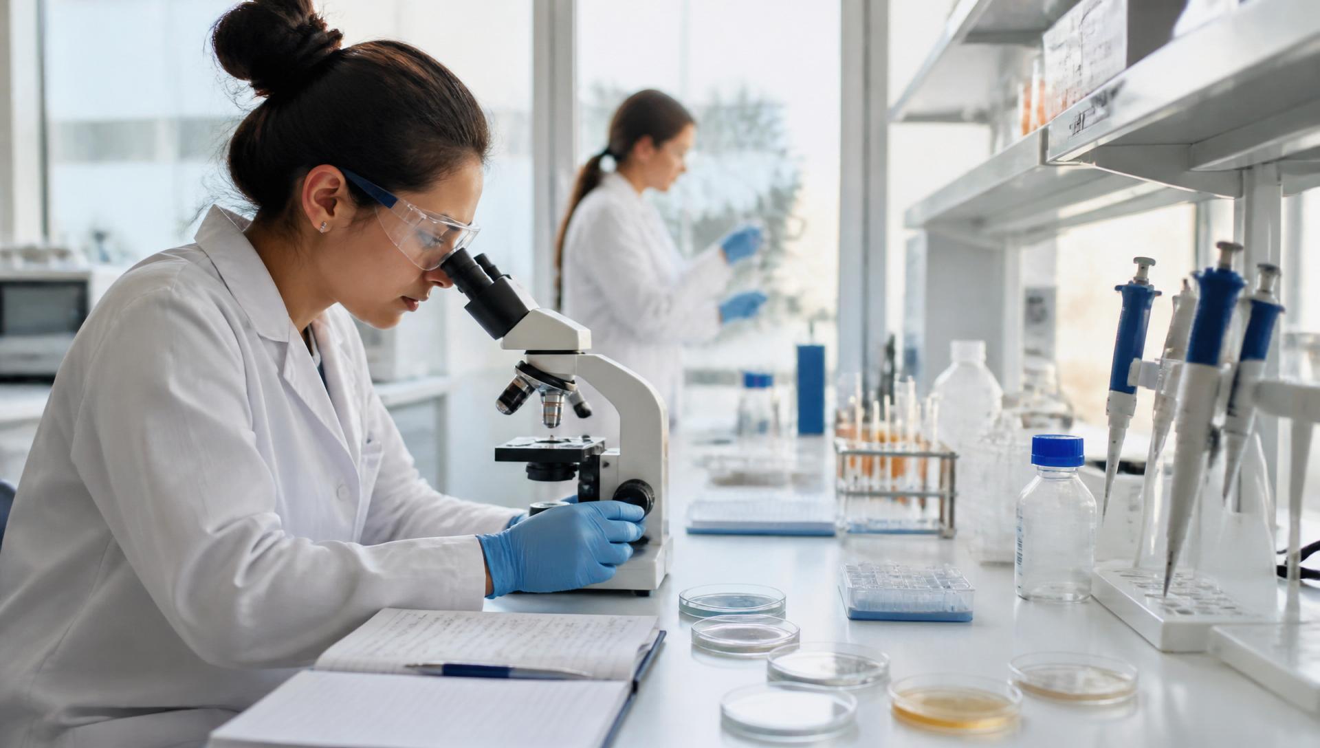 Scientists working in a bright modern pharmaceutical research laboratory with microscopy and cell culture equipment
