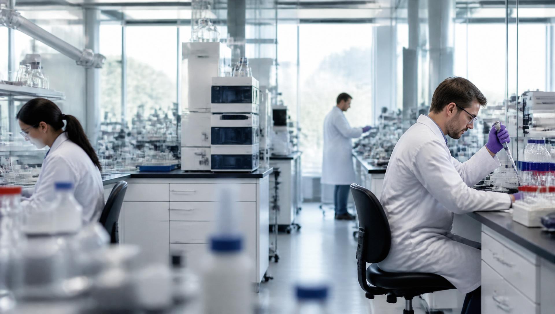 Scientists working in a modern pharmaceutical research laboratory